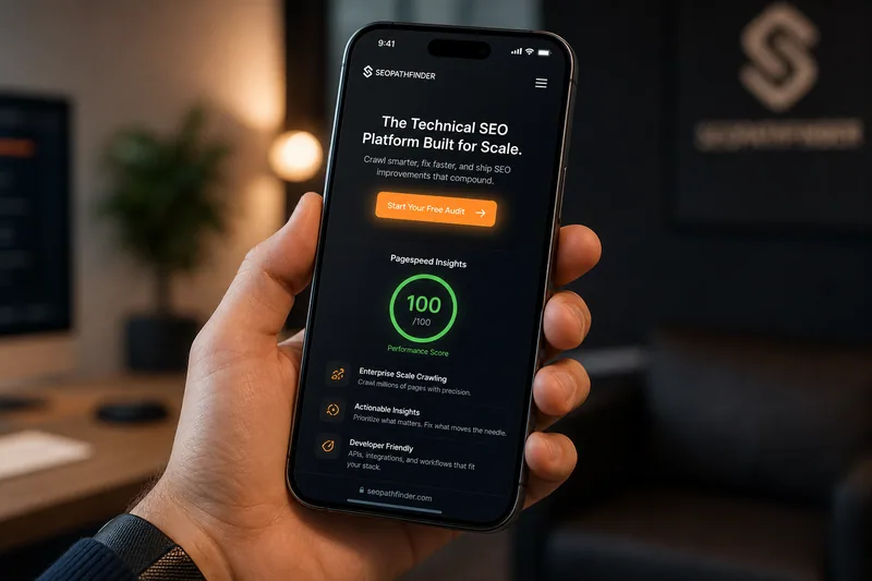 Smartphone exibindo landing page otimizada com PageSpeed 100